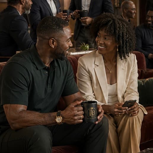 Two people talking over coffee at a Living Life Balanced gathering