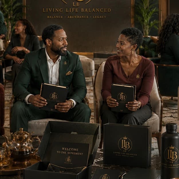 Two people holding Living Life Balanced workbooks at a welcome gathering